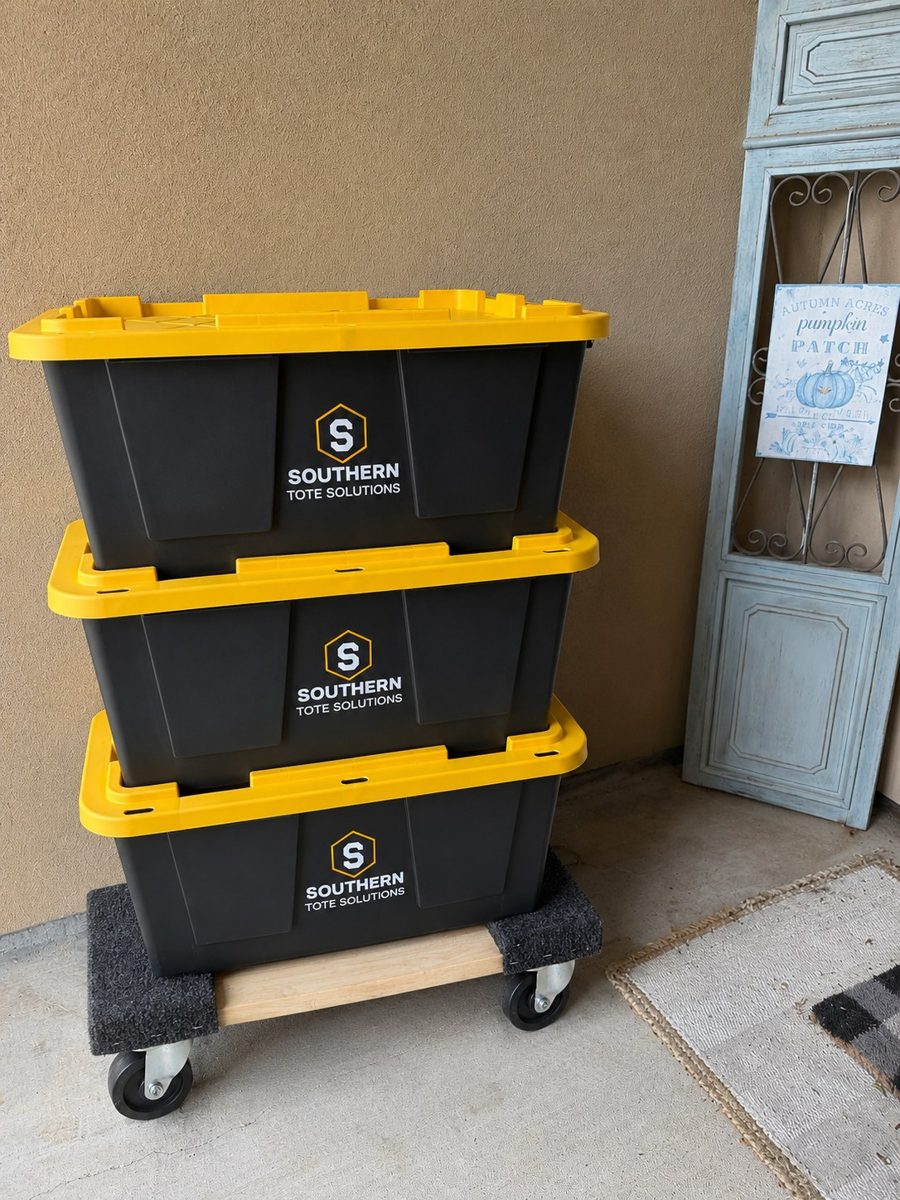 Southern Tote Solutions branded totes stacked three-high on a rolling dolly